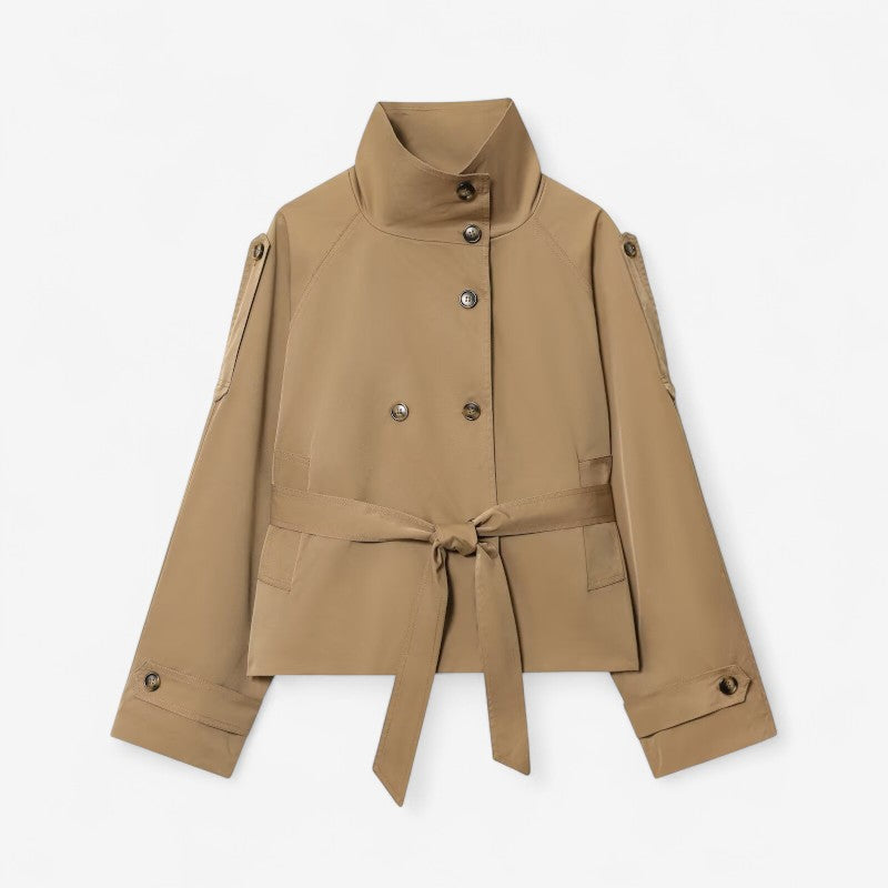 Women's Short Double-Breasted Trench Coat with Stand Collar
