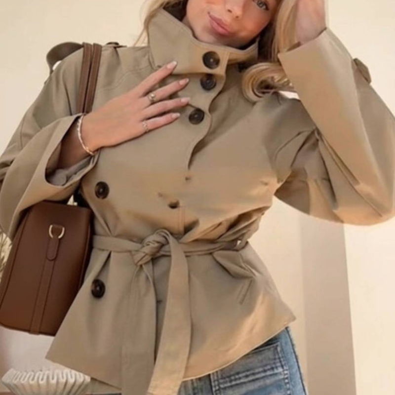 Women's Short Double-Breasted Trench Coat with Stand Collar
