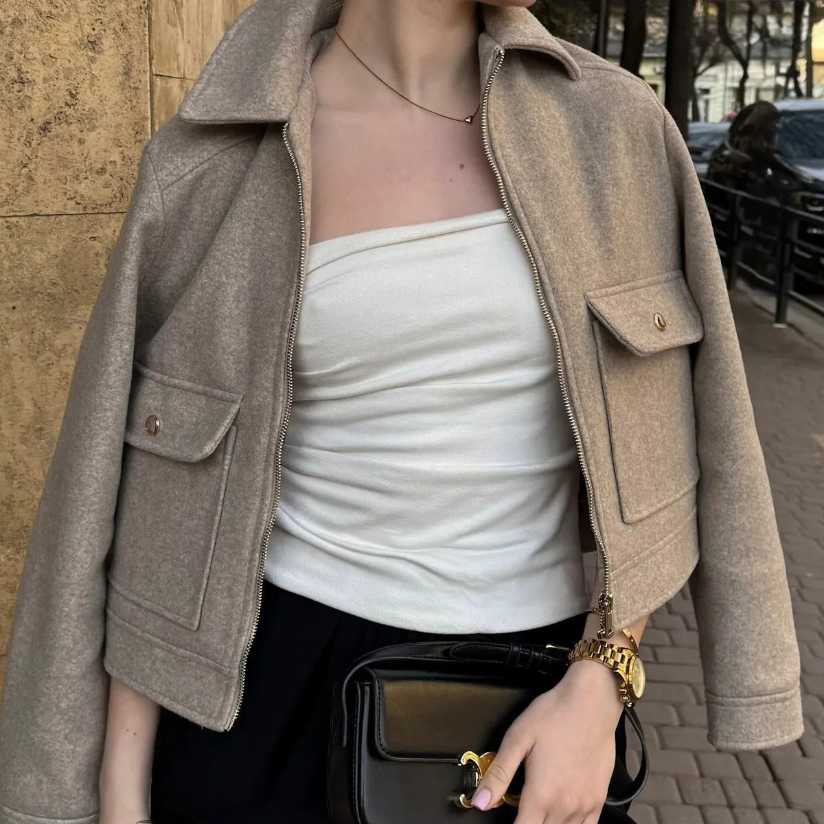Women's Short Zip-Front Bomber Jacket with Cuffs