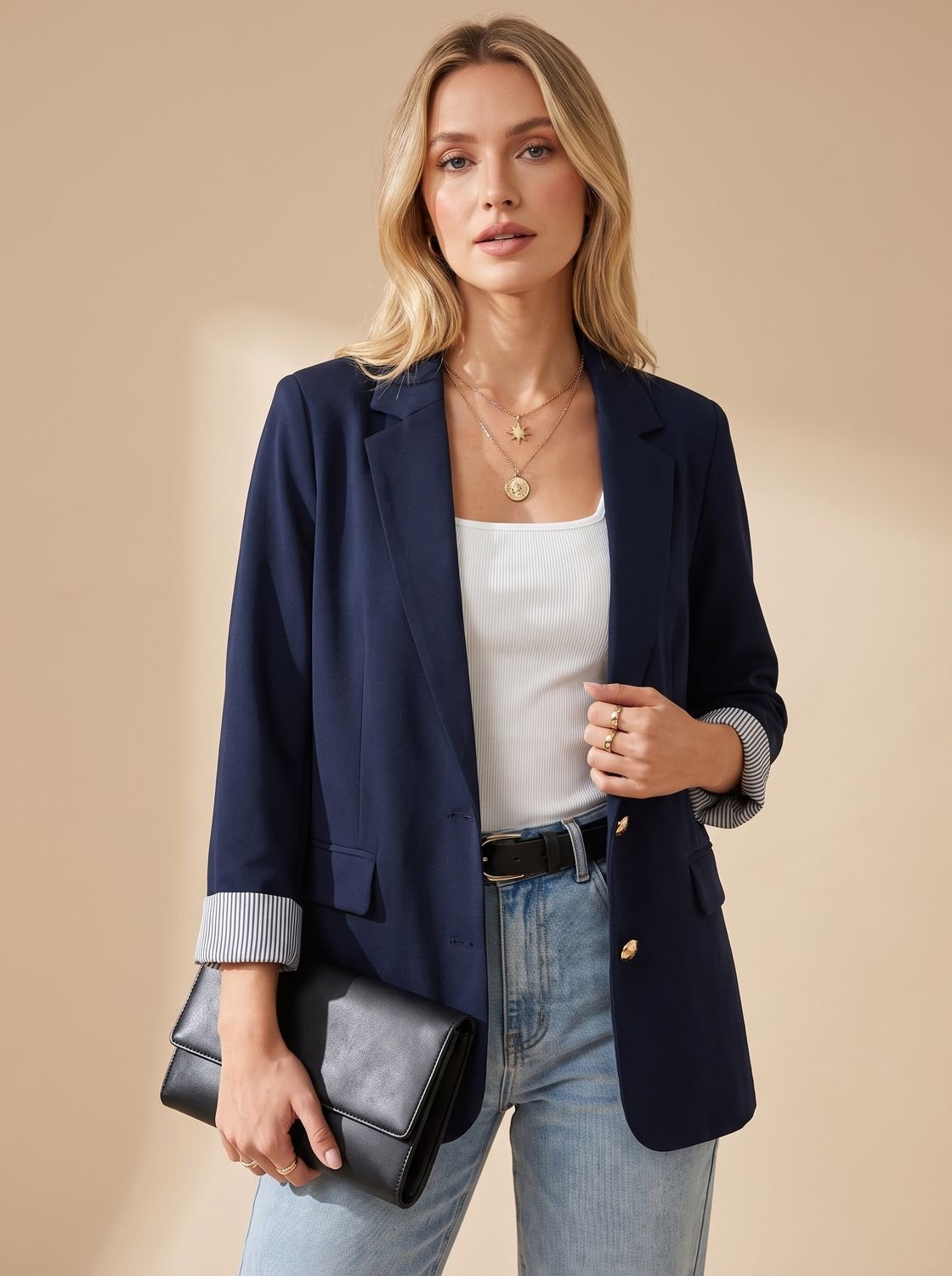 Women's Soft-Tailored Blazer with Striped Roll-Up Cuffs