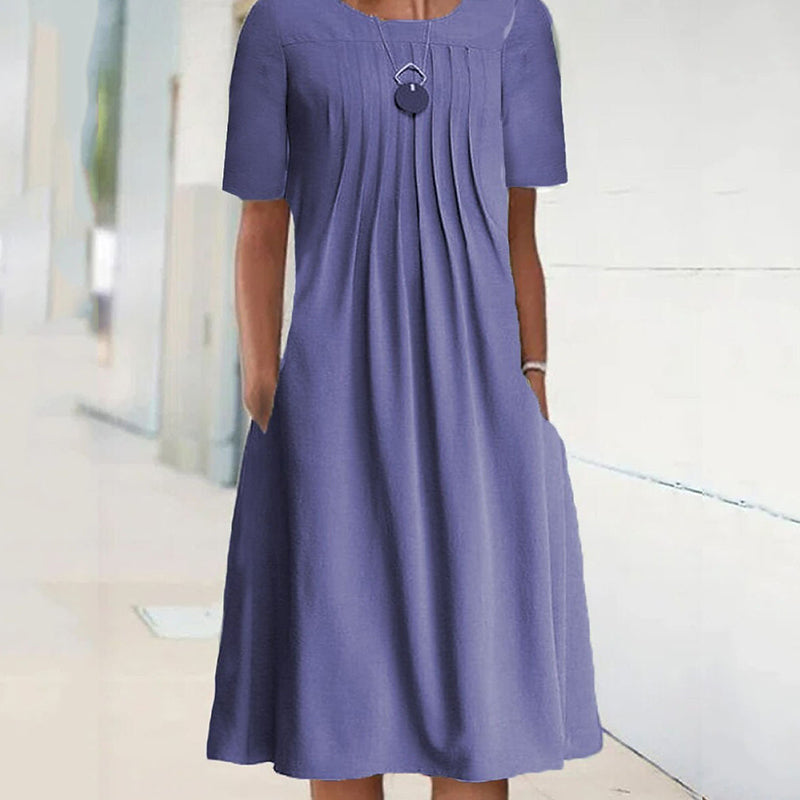 Women's Solid Pleated Round-Neck Long-Sleeve Dress