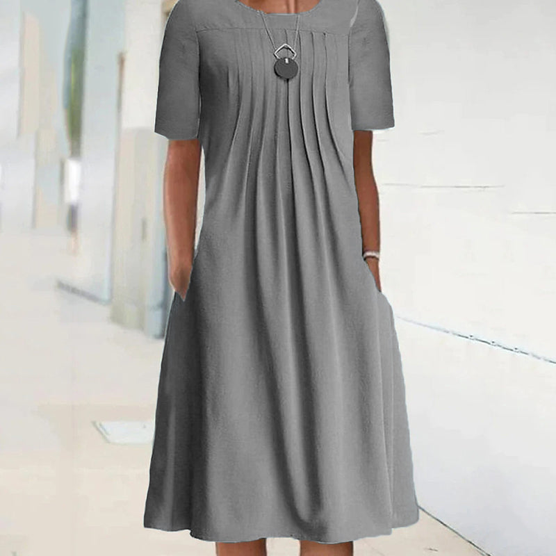 Women's Solid Pleated Round-Neck Long-Sleeve Dress