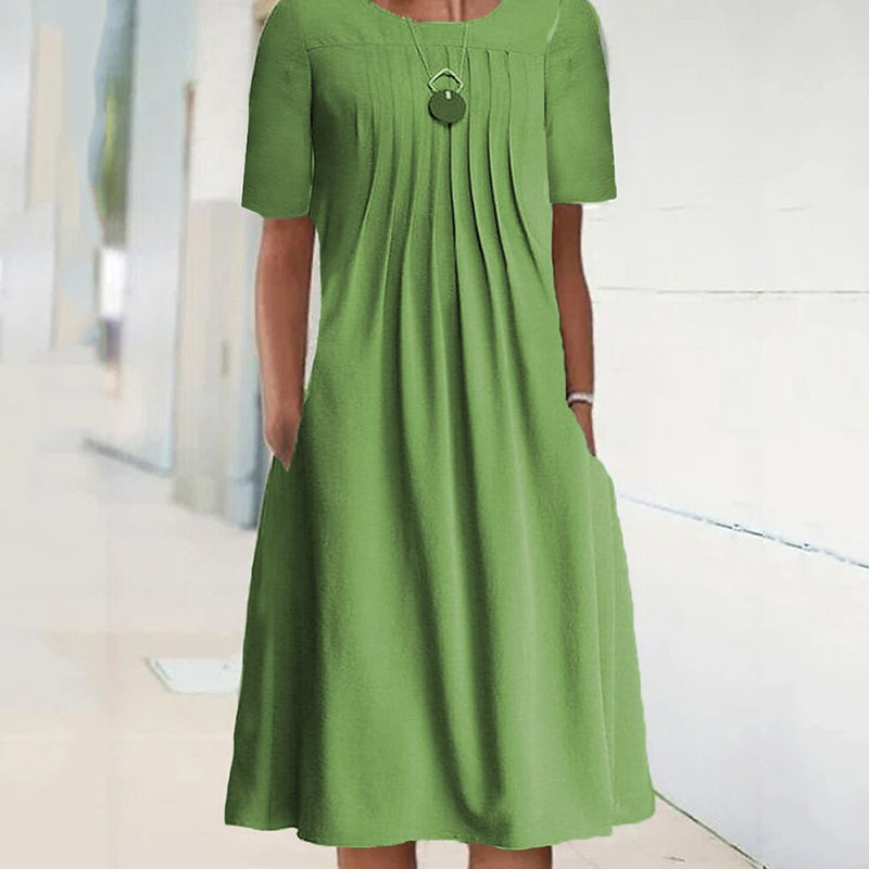 Women's Solid Pleated Round-Neck Long-Sleeve Dress