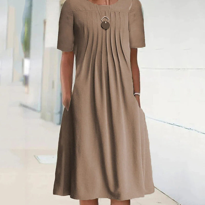 Women's Solid Pleated Round-Neck Long-Sleeve Dress