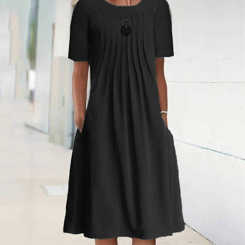 Women's Solid Pleated Round-Neck Long-Sleeve Dress