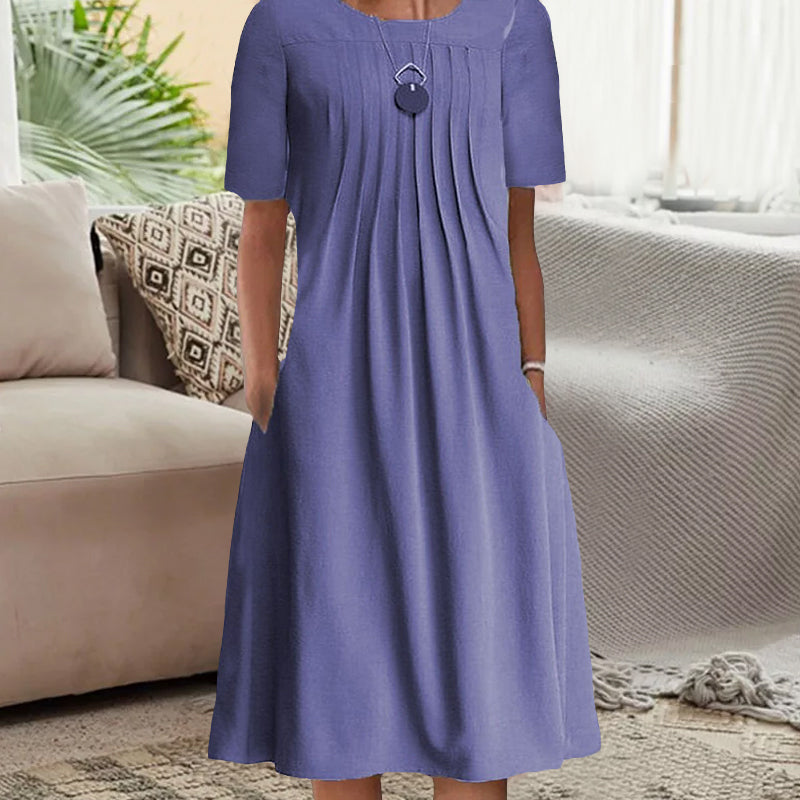 Women's Solid Pleated Round-Neck Long-Sleeve Dress