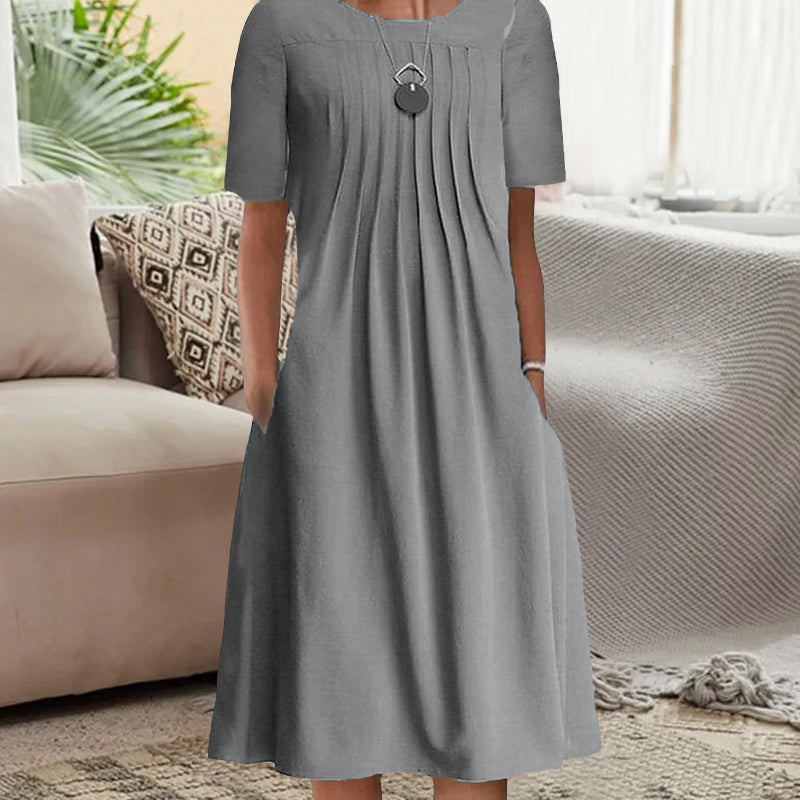 Women's Solid Pleated Round-Neck Long-Sleeve Dress