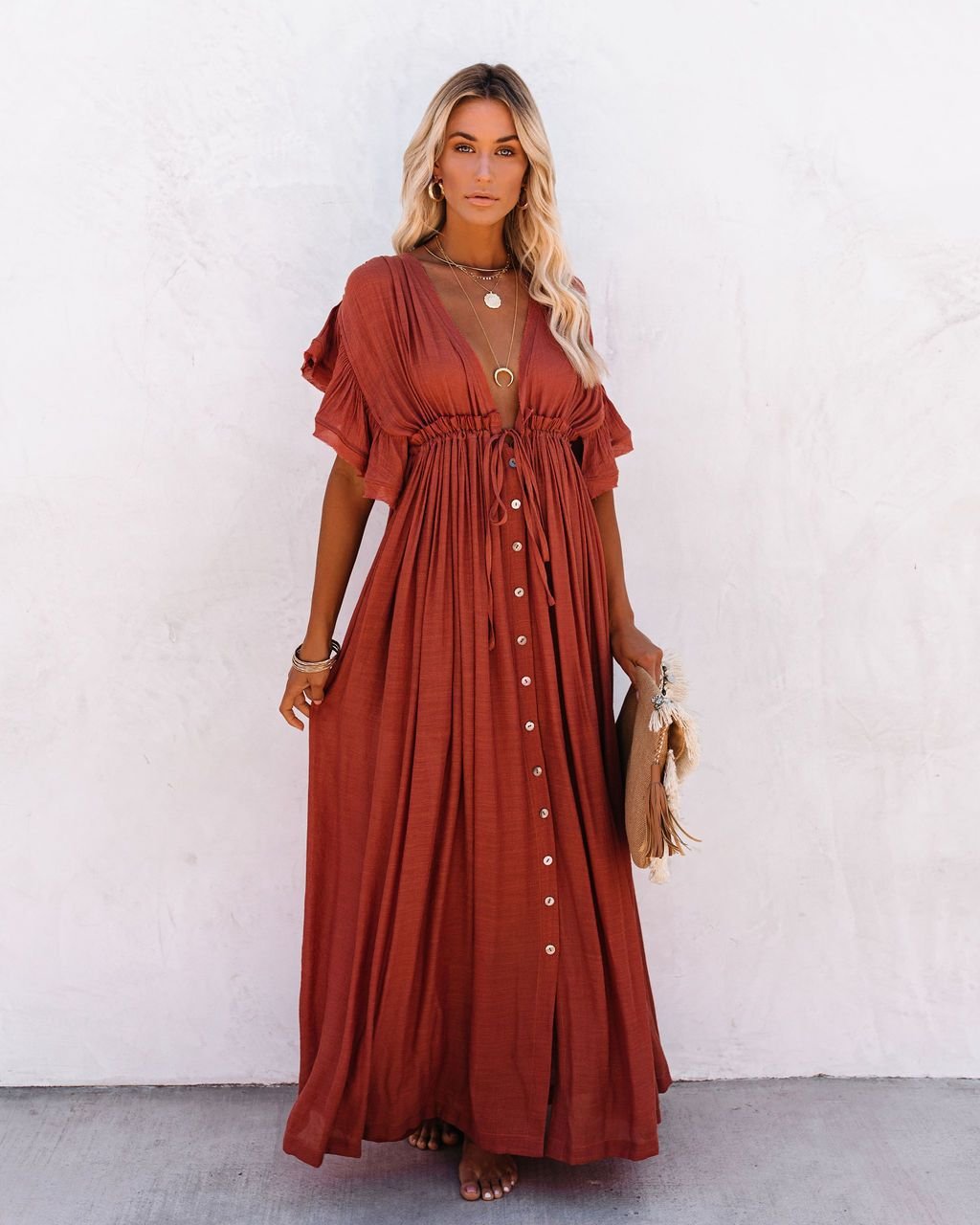 Women's V-Neck Button-Front Flutter-Sleeve Maxi Dress