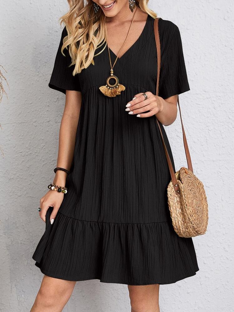 Women's V-Neck Short-Sleeve Babydoll Swing Dress
