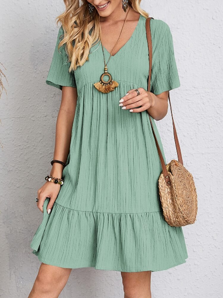Women's V-Neck Short-Sleeve Babydoll Swing Dress