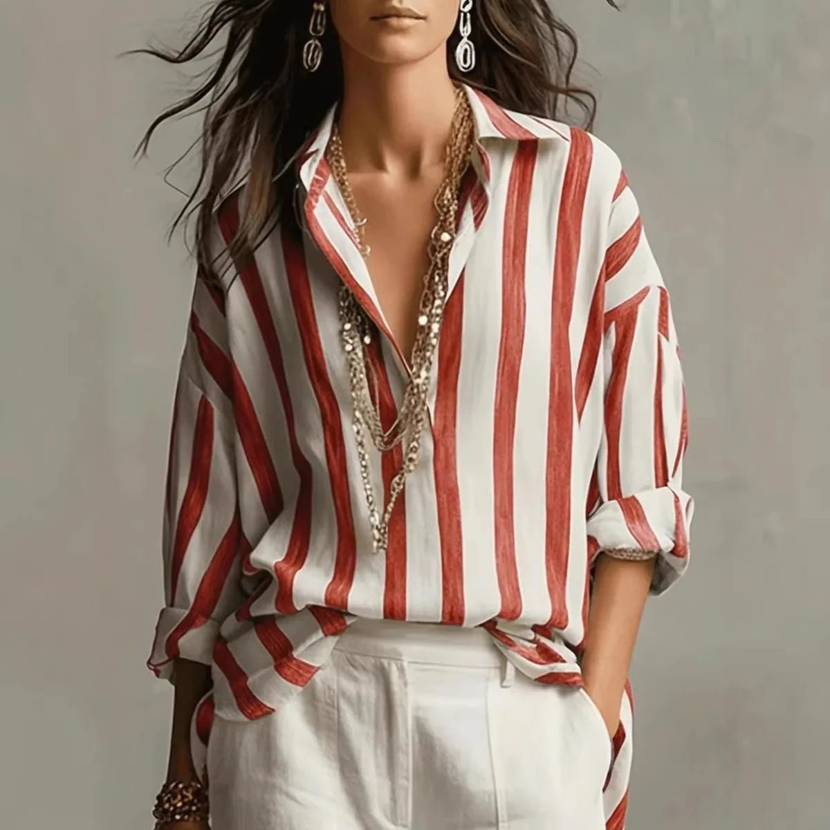Women's Vertical Stripe Blouse with Open Collar