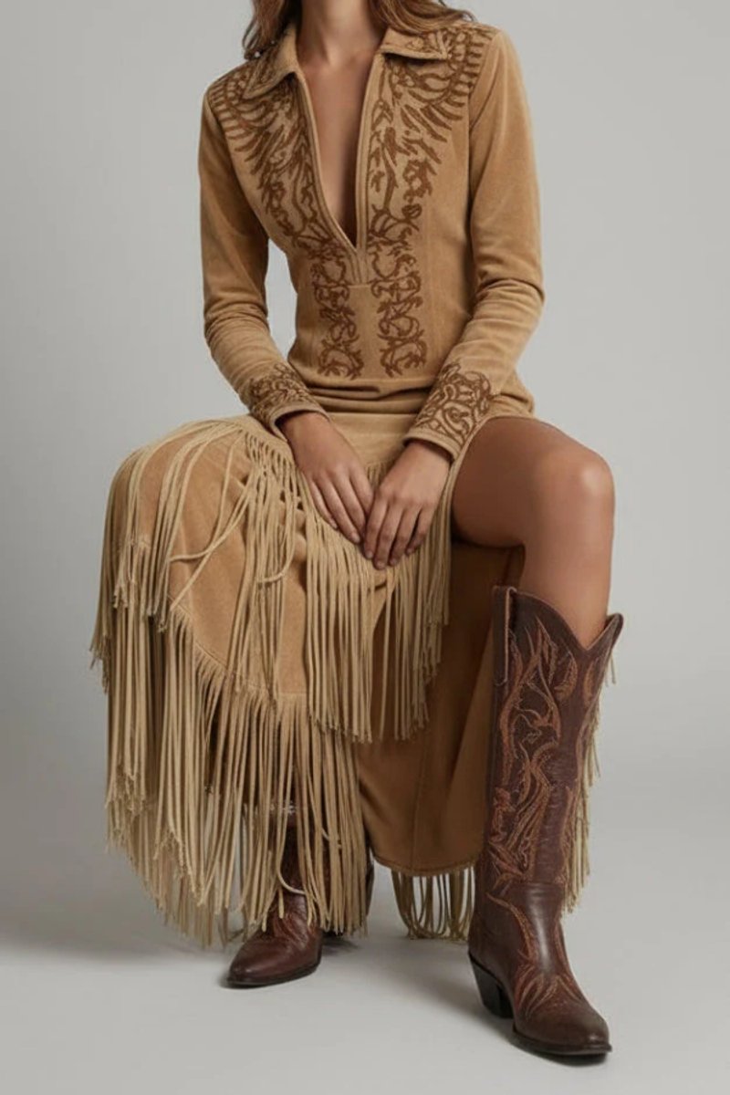 Women's Western Fringe Long-Sleeve Evening Gown Maxi Dress