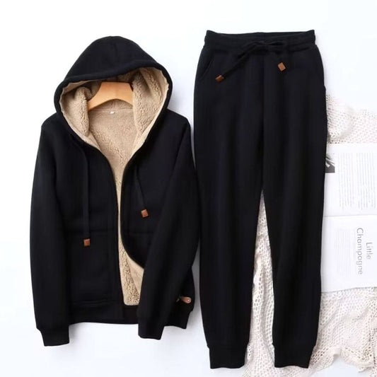 Women's Winter Zip-Up Hooded Tracksuit with Lining