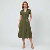 Women's Wrap-Style V-Neck A-Line Midi Dress with Waist Tie