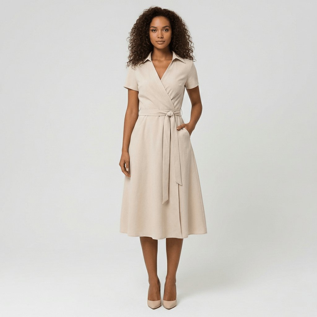 Women's Wrap-Style V-Neck A-Line Midi Dress with Waist Tie