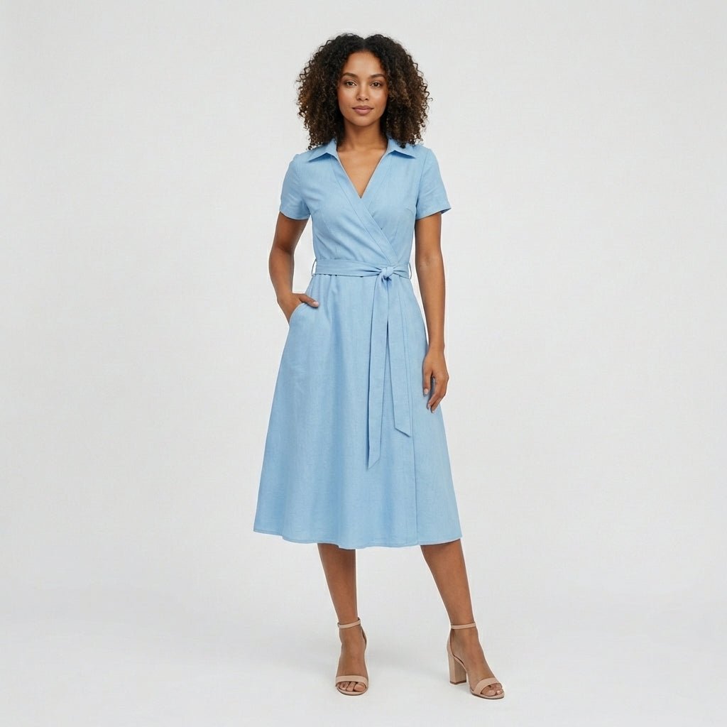 Women's Wrap-Style V-Neck A-Line Midi Dress with Waist Tie