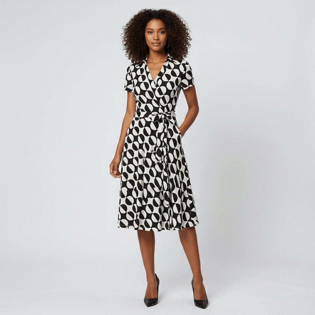Women's Wrap-Style V-Neck A-Line Midi Dress with Waist Tie