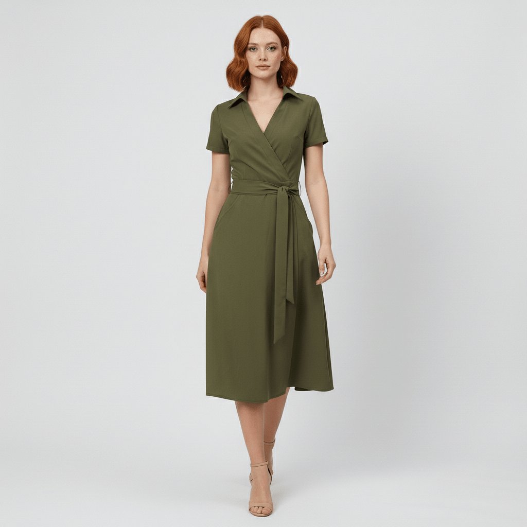 Women's Wrap-Style V-Neck A-Line Midi Dress with Waist Tie