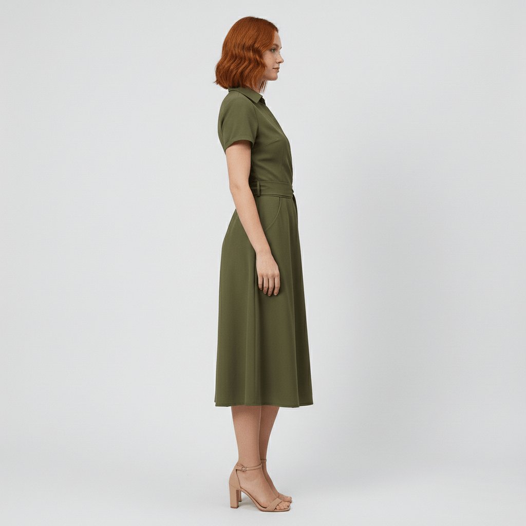 Women's Wrap-Style V-Neck A-Line Midi Dress with Waist Tie