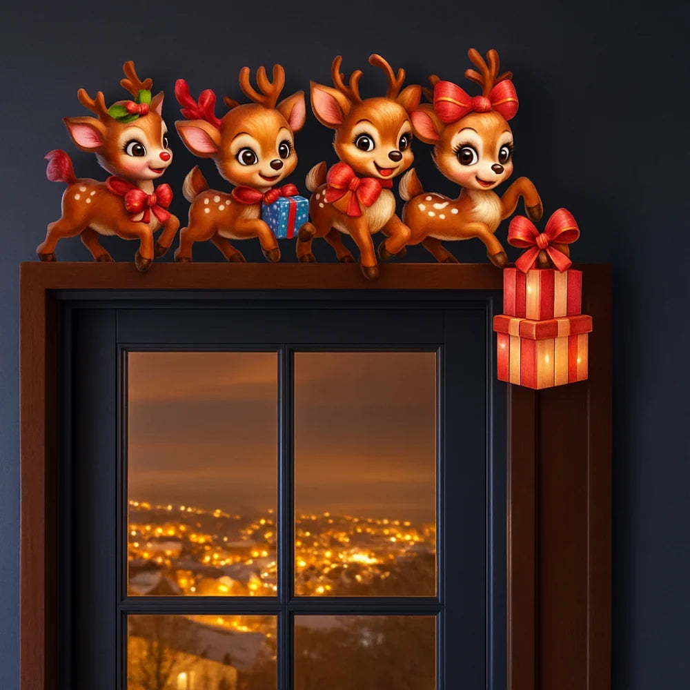 Wooden Cordless Christmas Door Frame Decoration with Reindeer Motif