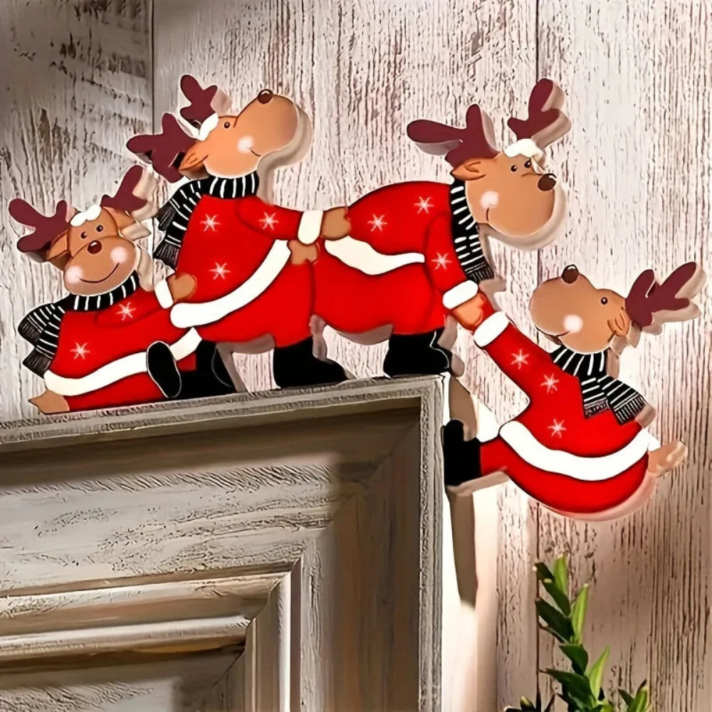Wooden Cordless Christmas Door Frame Decoration with Reindeer Motif