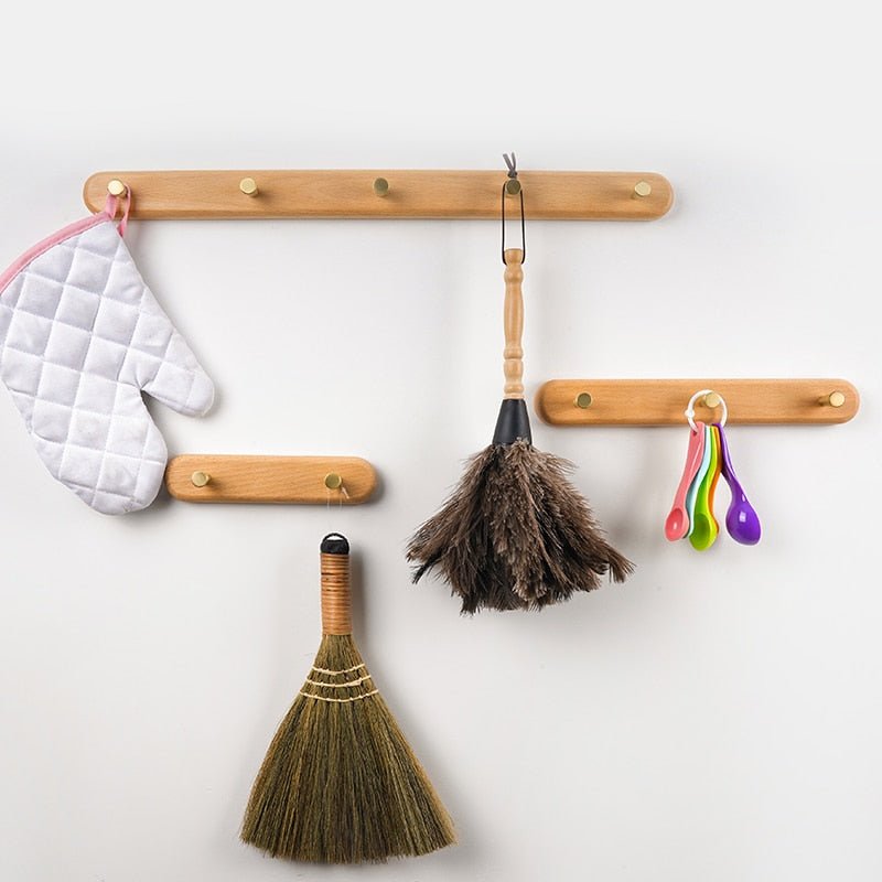 Wooden Wall Coat Rack with Brass Hooks - Modern & Stylish