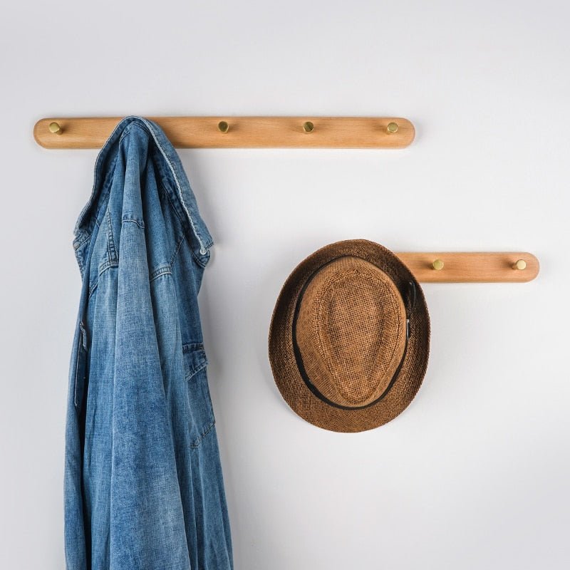 Wooden Wall Coat Rack with Brass Hooks - Modern & Stylish
