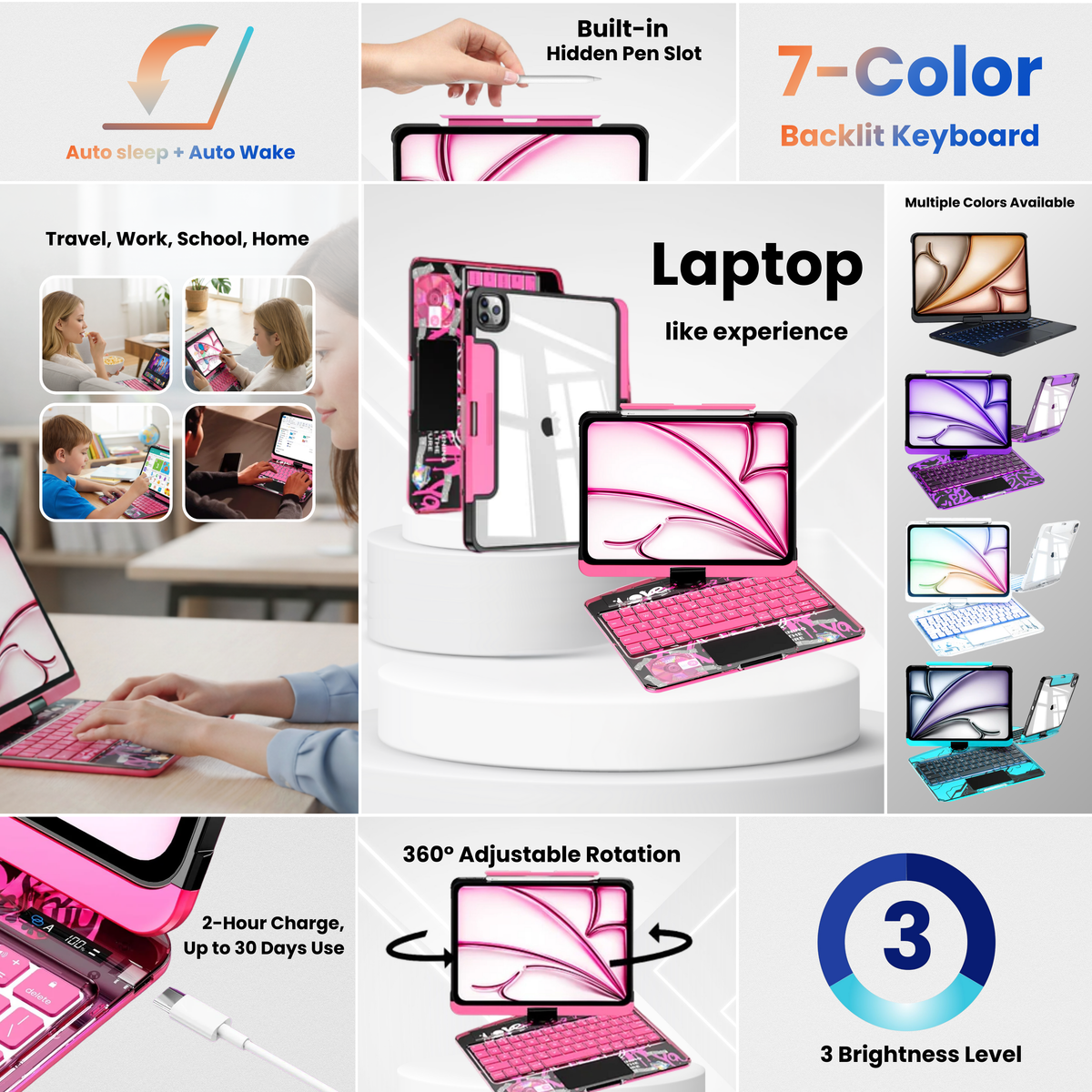 Y2K Pink Transparent 360-Degree Rotating Keyboard Case